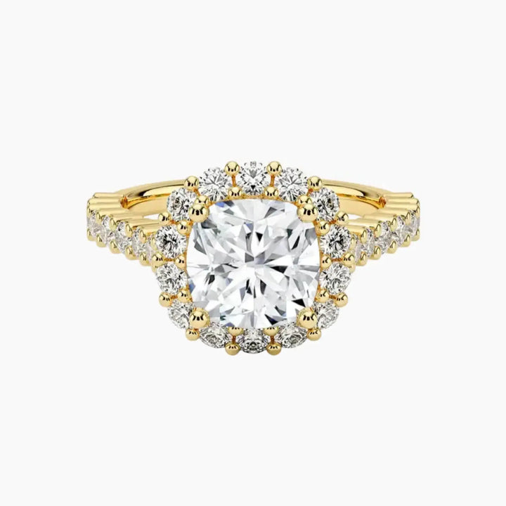 Fiora Pave Cushion Designer 2.5 Carat Lab Grown Diamond Engagement Ring in 18K Yellow Gold