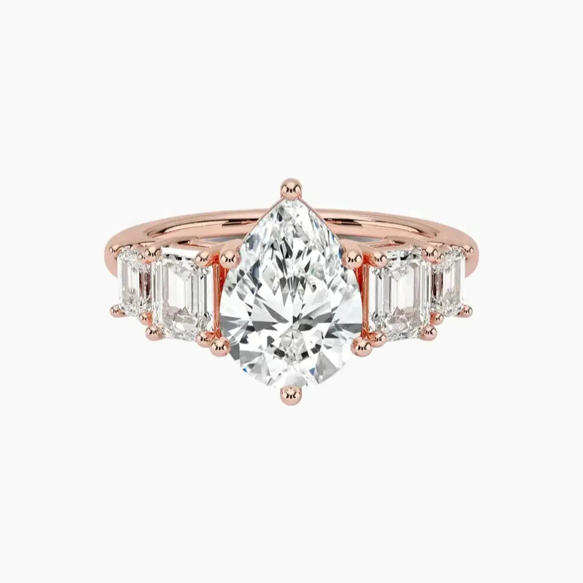 Katerina Five Stone Pear Designer 3 Carat Lab Grown Diamond Engagement Ring in 18K Rose Gold