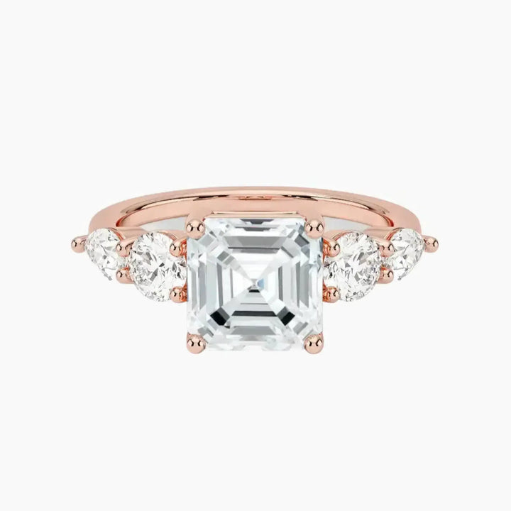 Daria Five Stone Asscher Designer 1 Carat Lab Grown Diamond Engagement Ring in 18K Rose Gold