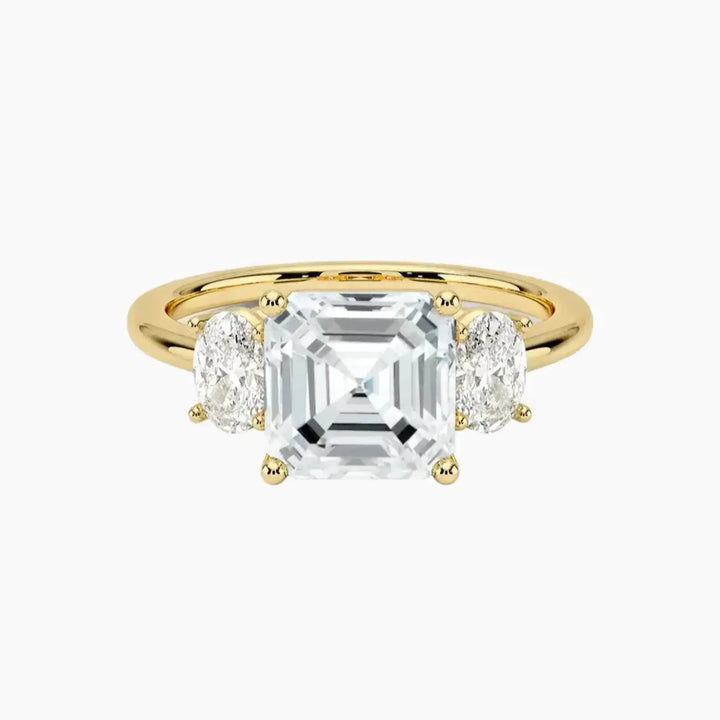 Liora Asscher Three Stone 2.5 Carat Lab Grown Diamond Engagement Ring in 18K Yellow Gold