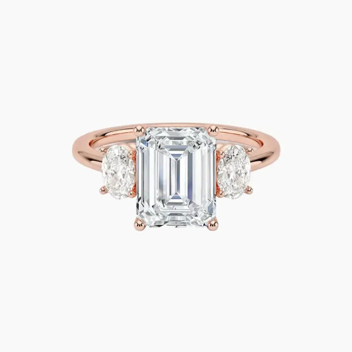 Liora Emerald Three Stone 2.5 Carat Lab Grown Diamond Engagement Ring in 18K Rose Gold