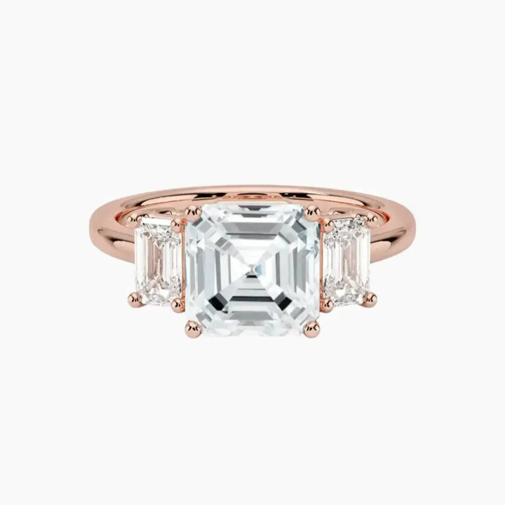 Aurelia Asscher Three Stone 2.5 Carat Lab Grown Diamond Engagement Ring in 14K Rose Gold