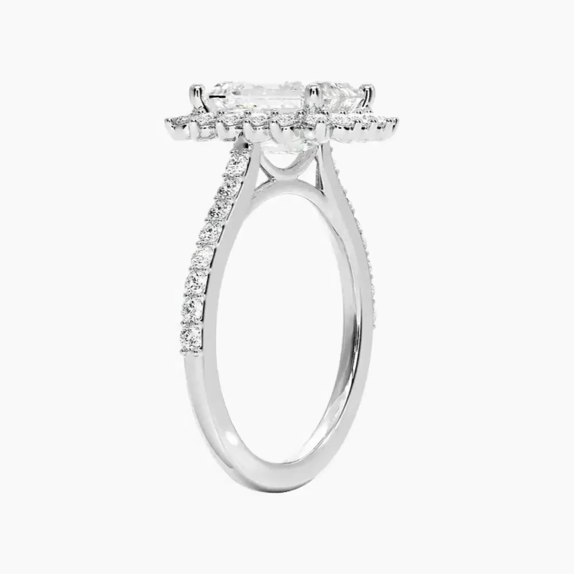 Soraya Pave Emerald Designer 2.5 Carat Lab Grown Diamond Engagement Ring in 18K White Gold
