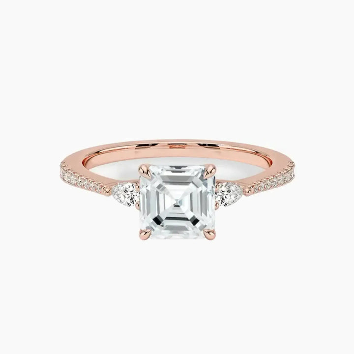 Calliope Pave Asscher Three Stone 2 Carat Lab Grown Diamond Engagement Ring in 14K Rose Gold