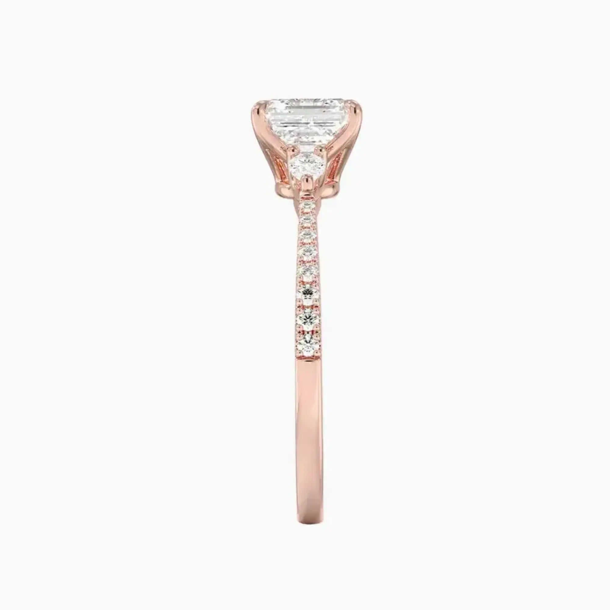Calliope Pave Asscher Three Stone 3 Carat Lab Grown Diamond Engagement Ring in 14K Rose Gold