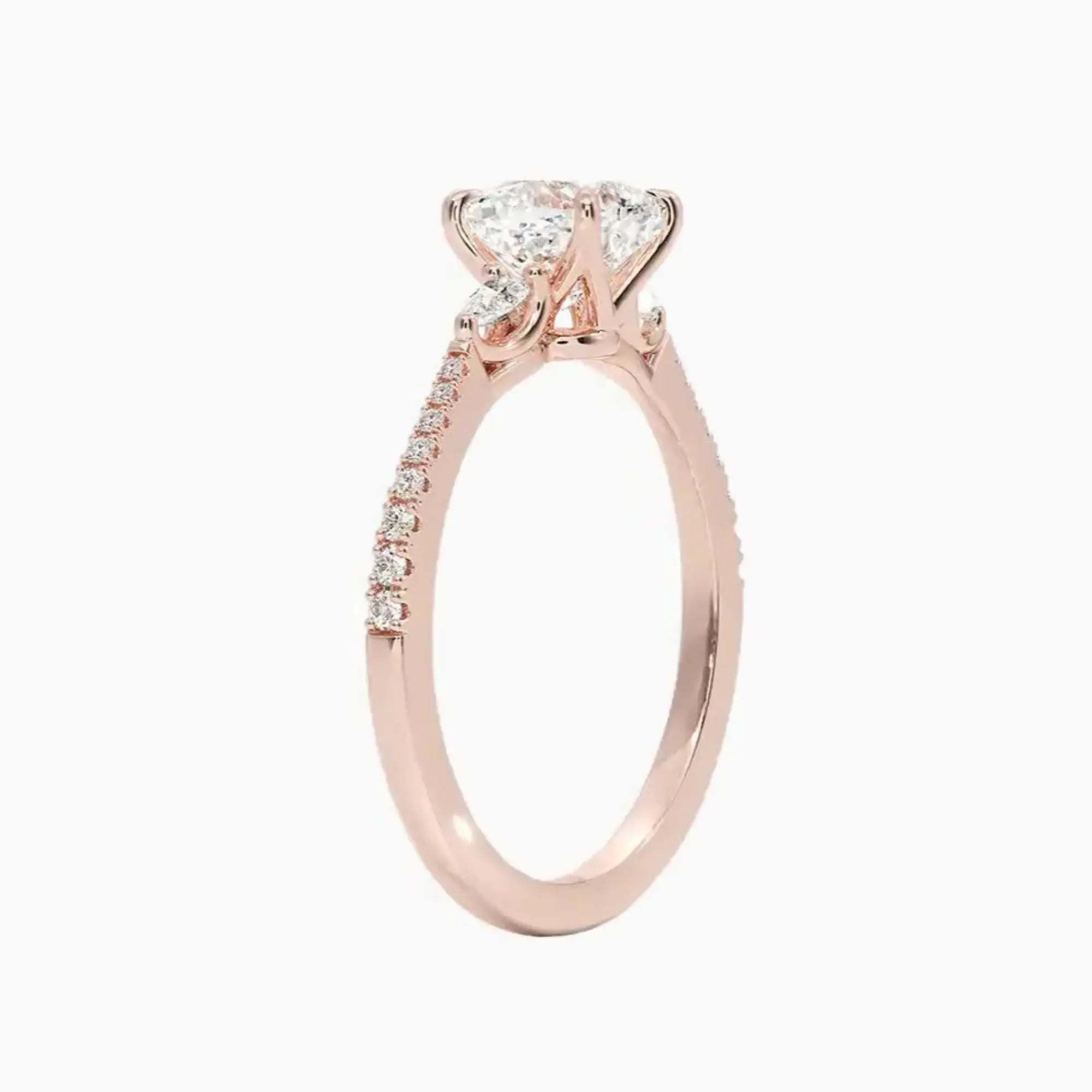 Calliope Pave Cushion Three Stone 1 Carat Lab Grown Diamond Engagement Ring in 14K Rose Gold