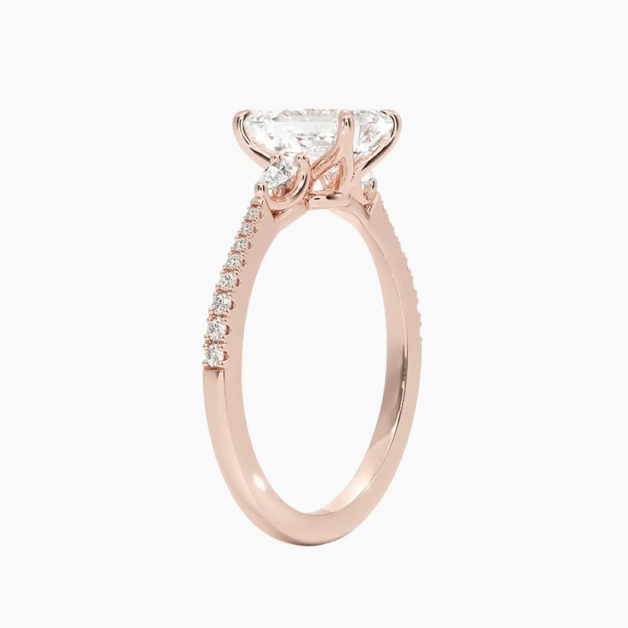 Calliope Pave Emerald Three Stone 2 Carat Lab Grown Diamond Engagement Ring in 14K Rose Gold