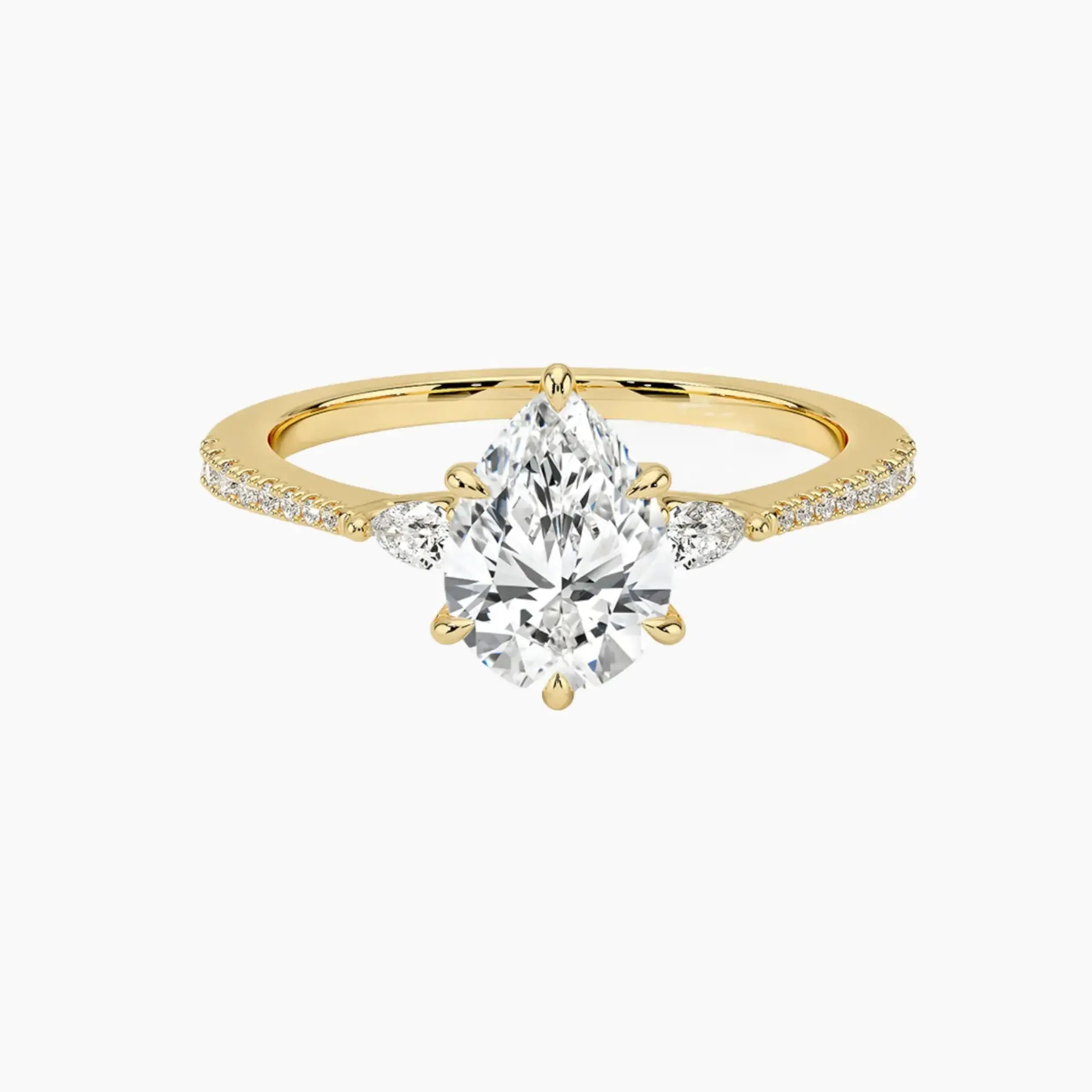 Calliope Pave Pear Three Stone 2.5 Carat Lab Grown Diamond Engagement Ring in 18K Yellow Gold