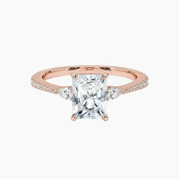 Calliope Pave Radiant Three Stone 2.5 Carat Lab Grown Diamond Engagement Ring in 18K Rose Gold