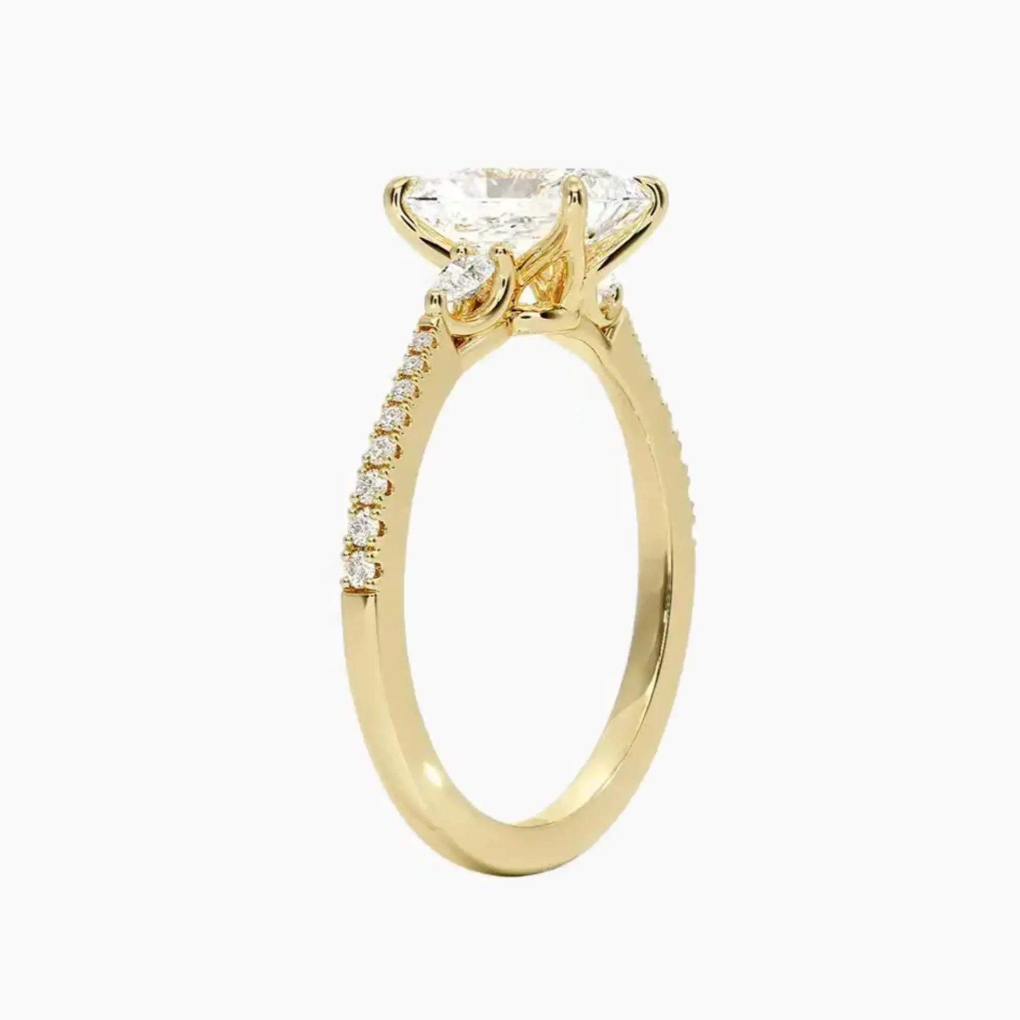 Calliope Pave Radiant Three Stone 3 Carat Lab Grown Diamond Engagement Ring in 18K Yellow Gold