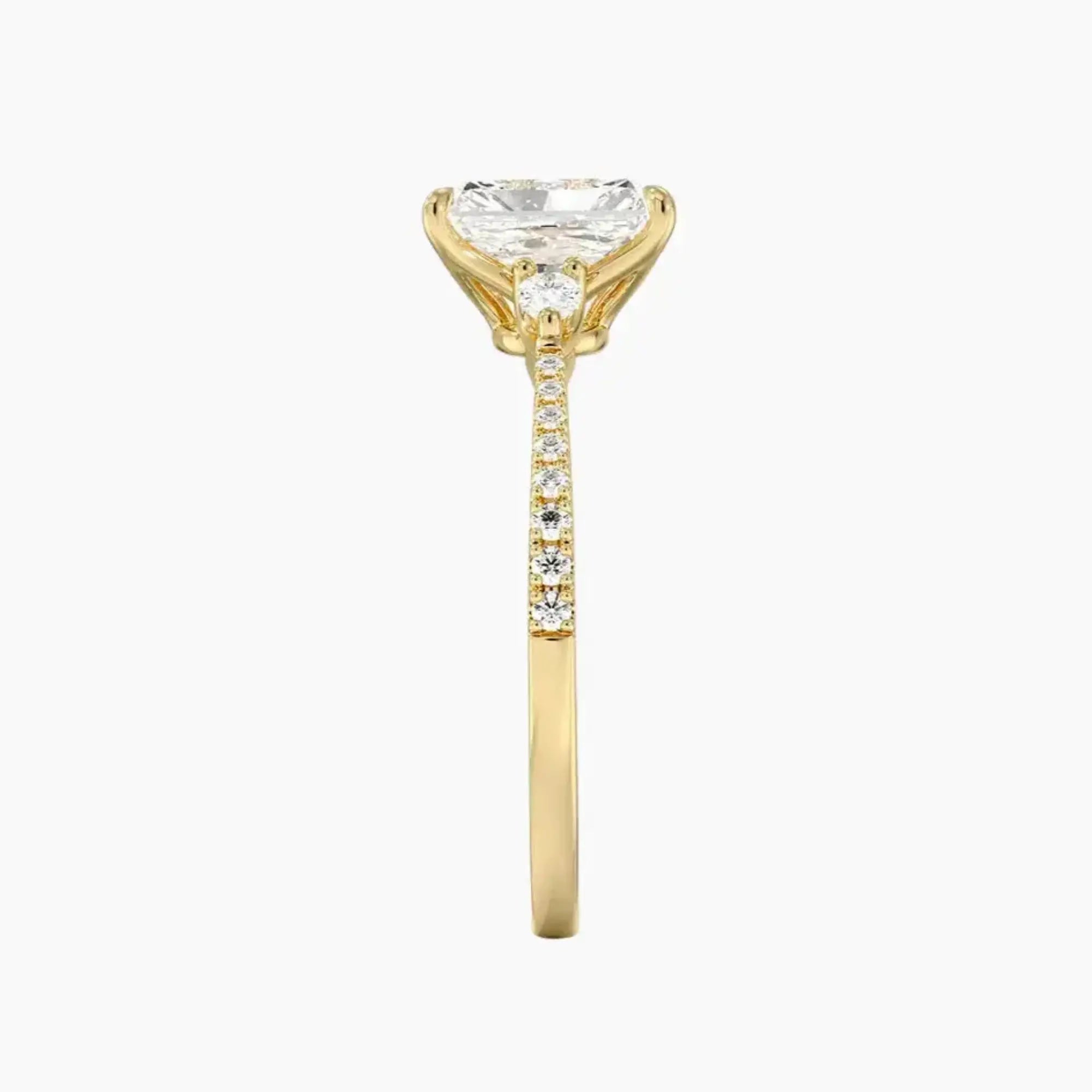 Calliope Pave Radiant Three Stone 2.5 Carat Lab Grown Diamond Engagement Ring in 14K Rose Gold