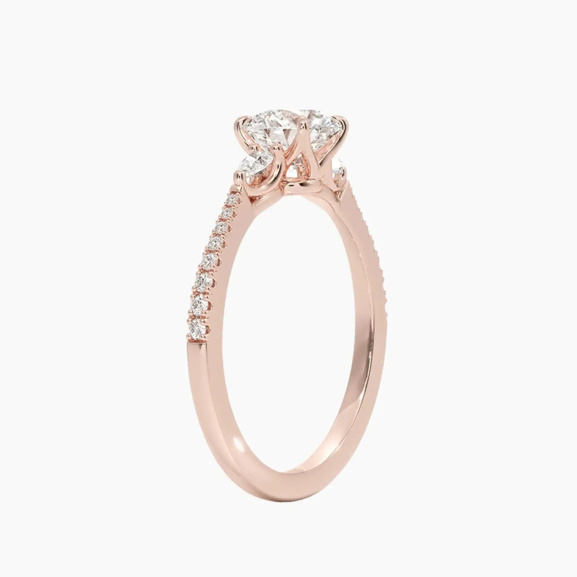 Calliope Pave Round Three Stone 2.5 Carat Lab Grown Diamond Engagement Ring in 14K Rose Gold