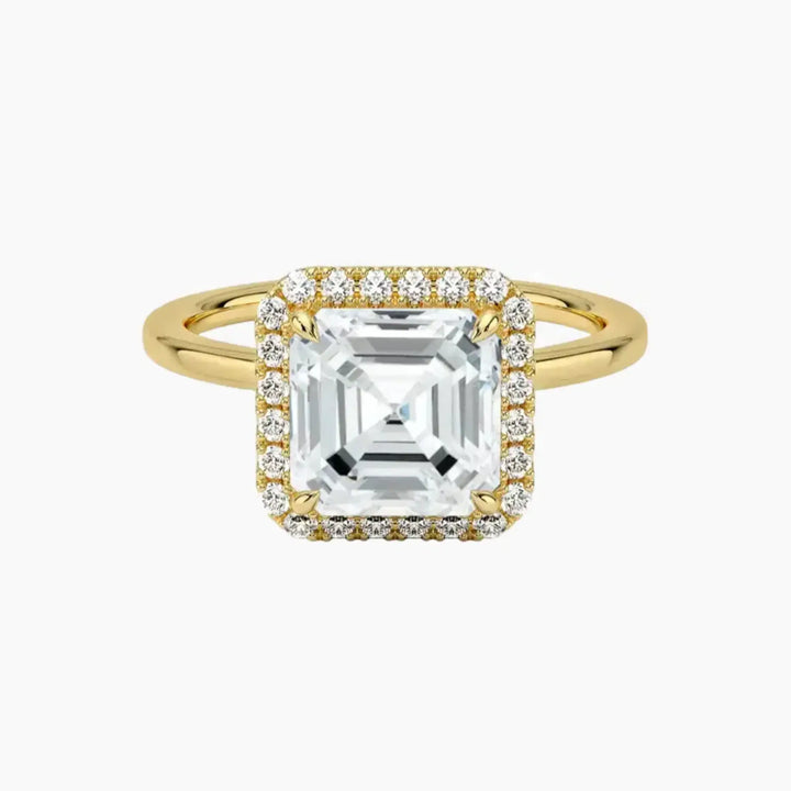 Cassiopeia Asscher Hidden Halo 2.5 Carat Lab Grown Diamond Engagement Ring in 18K Yellow Gold