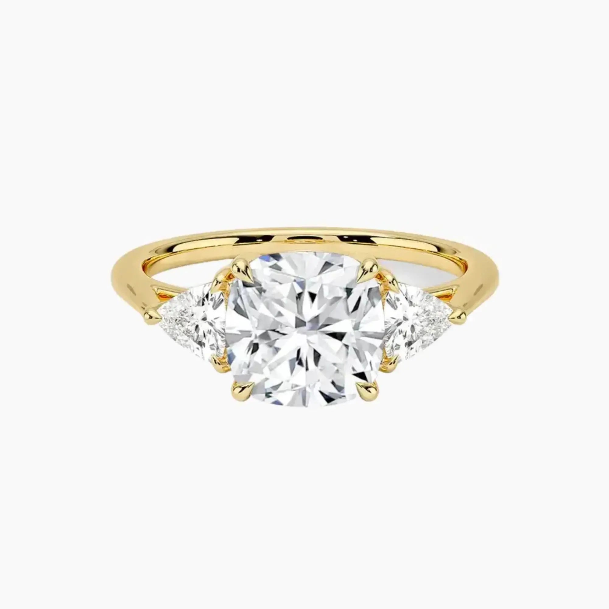 Elowen Cushion Three Stone 2.5 Carat Lab Grown Diamond Engagement Ring in 18K Yellow Gold