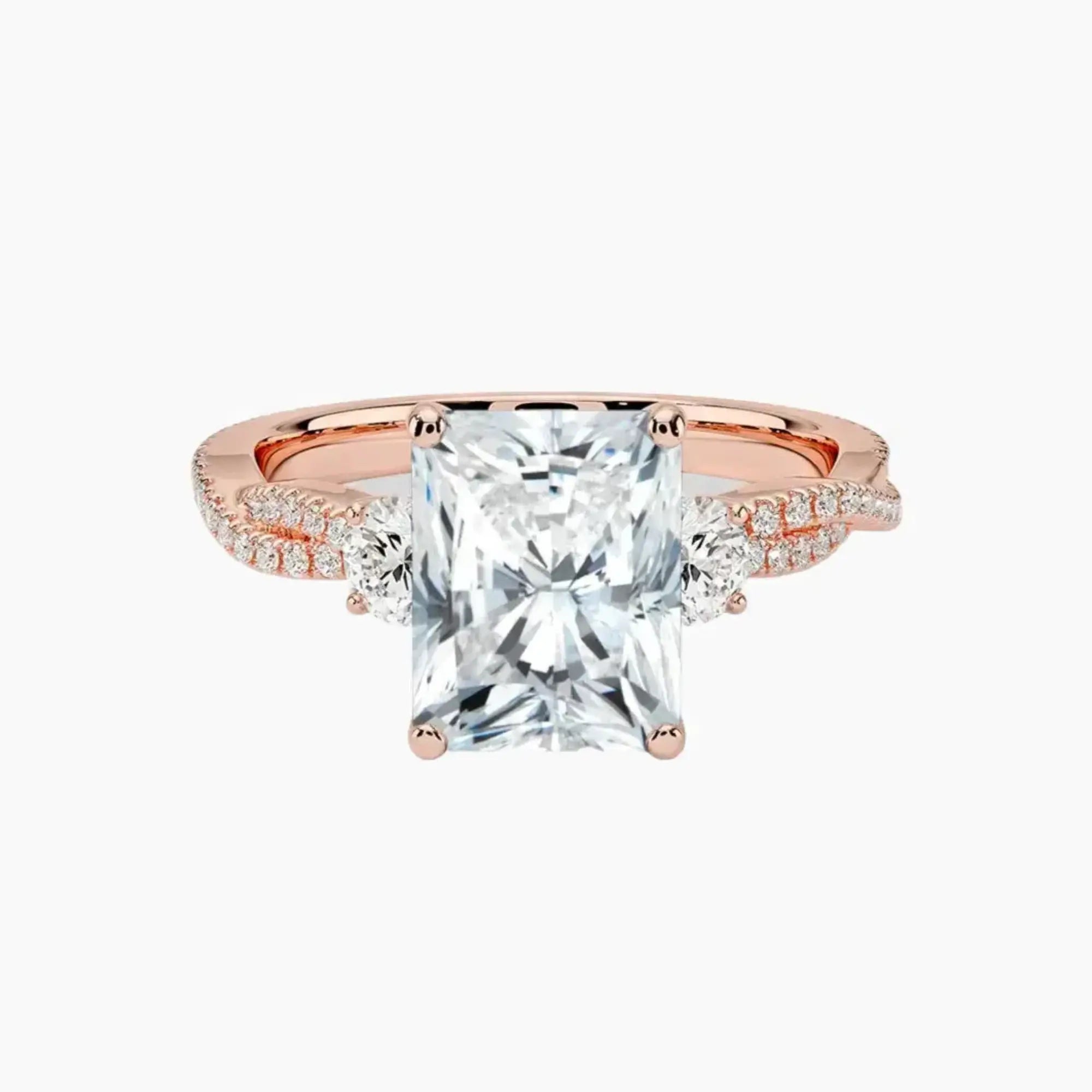 Calista Adorned Twisted Radiant Designer 3 Carat Lab Grown Diamond Engagement Ring in 18K Rose Gold