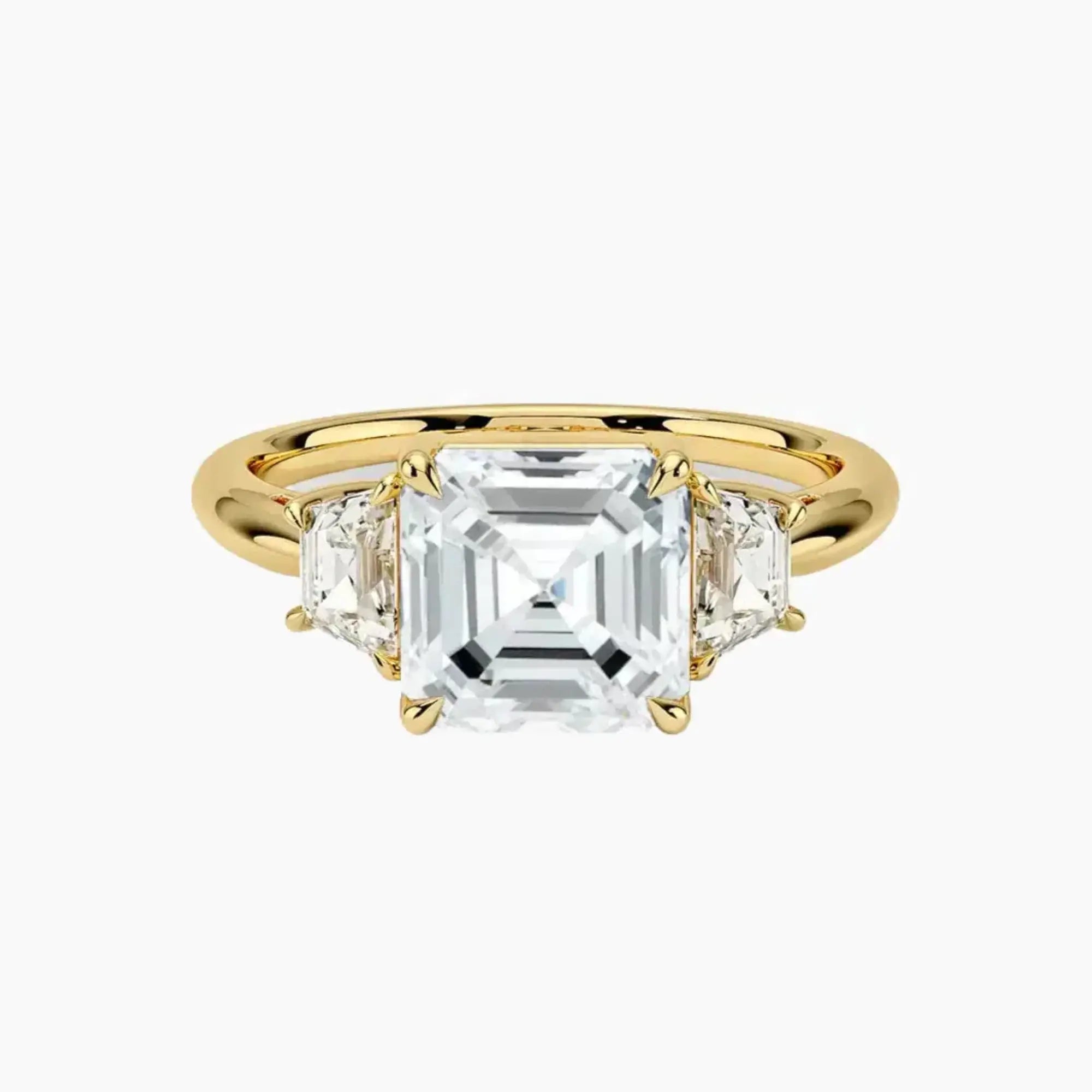 Oriana Asscher Three Stone 2.5 Carat Lab Grown Diamond Engagement Ring in 14K Yellow Gold