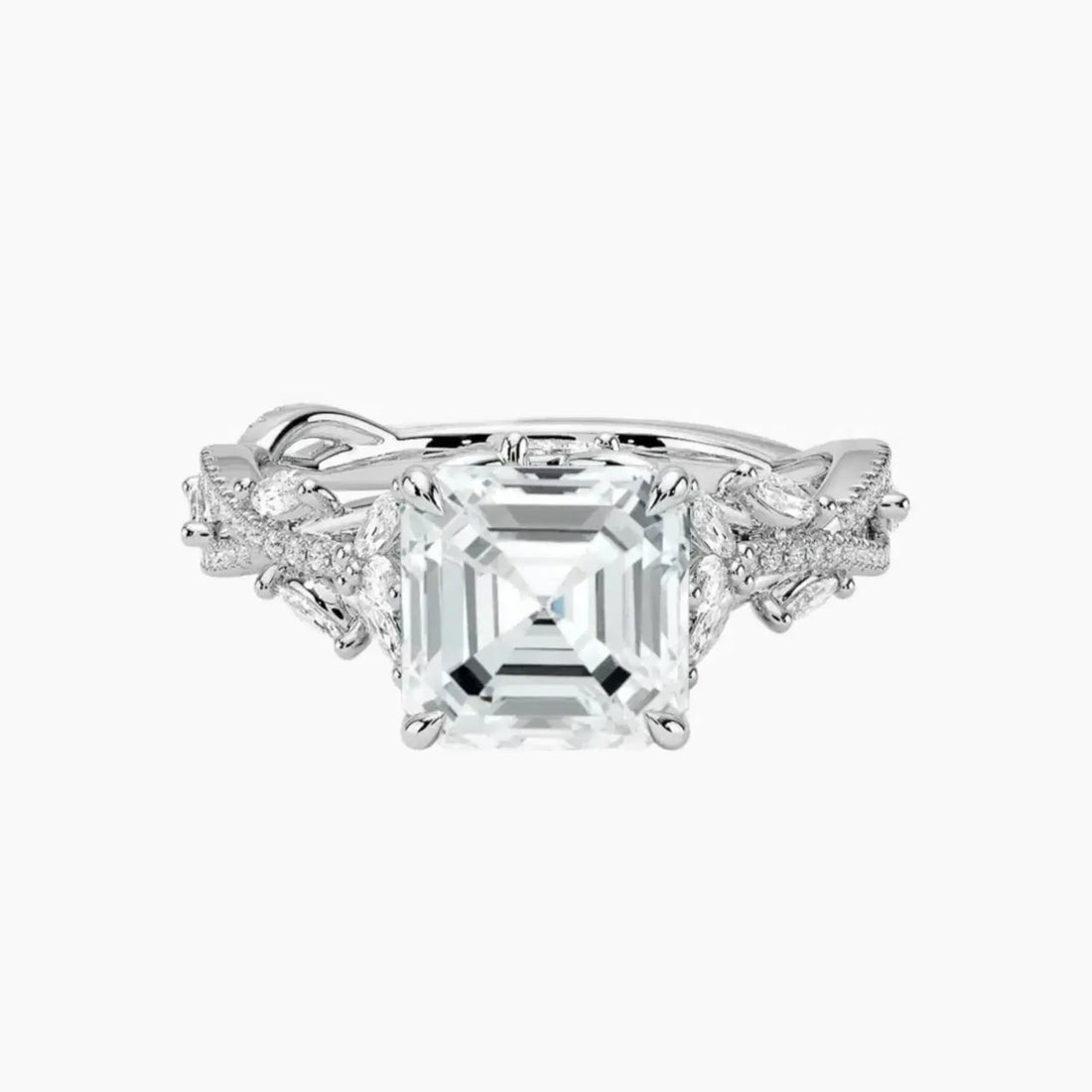 Melia Adorned Asscher Designer 2 Carat Lab Grown Diamond Engagement Ring in 18K White Gold