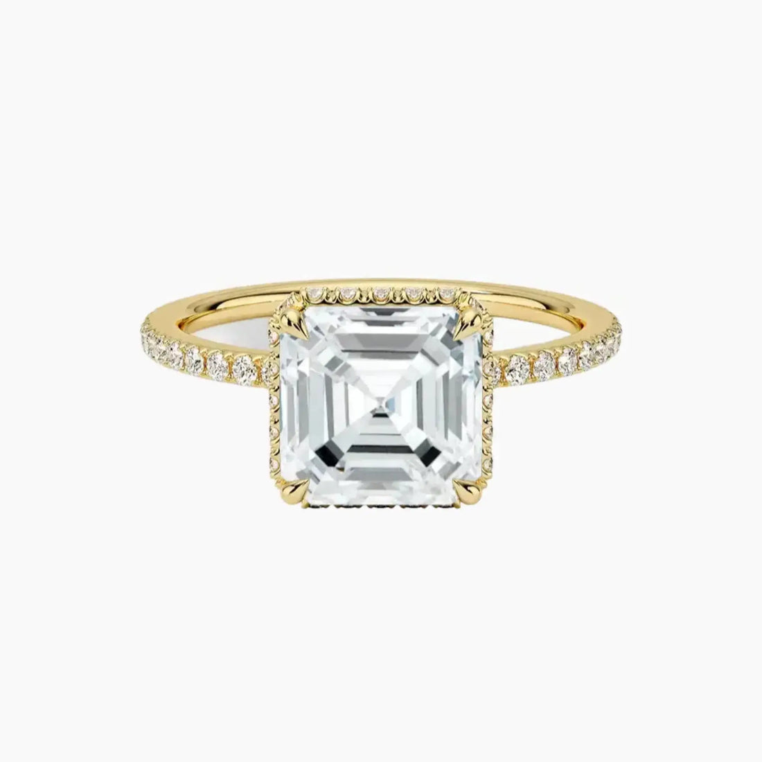 Mirabel Pave Asscher Hidden Halo 2.5 Carat Lab Grown Diamond Engagement Ring in 18K Yellow Gold