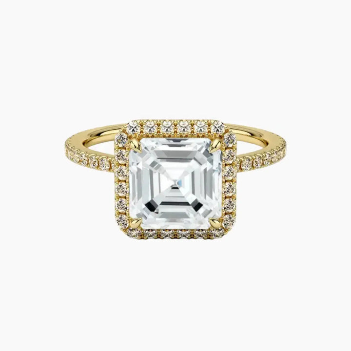 Cassiopeia Pave Asscher Hidden Halo 3 Carat Lab Grown Diamond Engagement Ring in 18K Yellow Gold