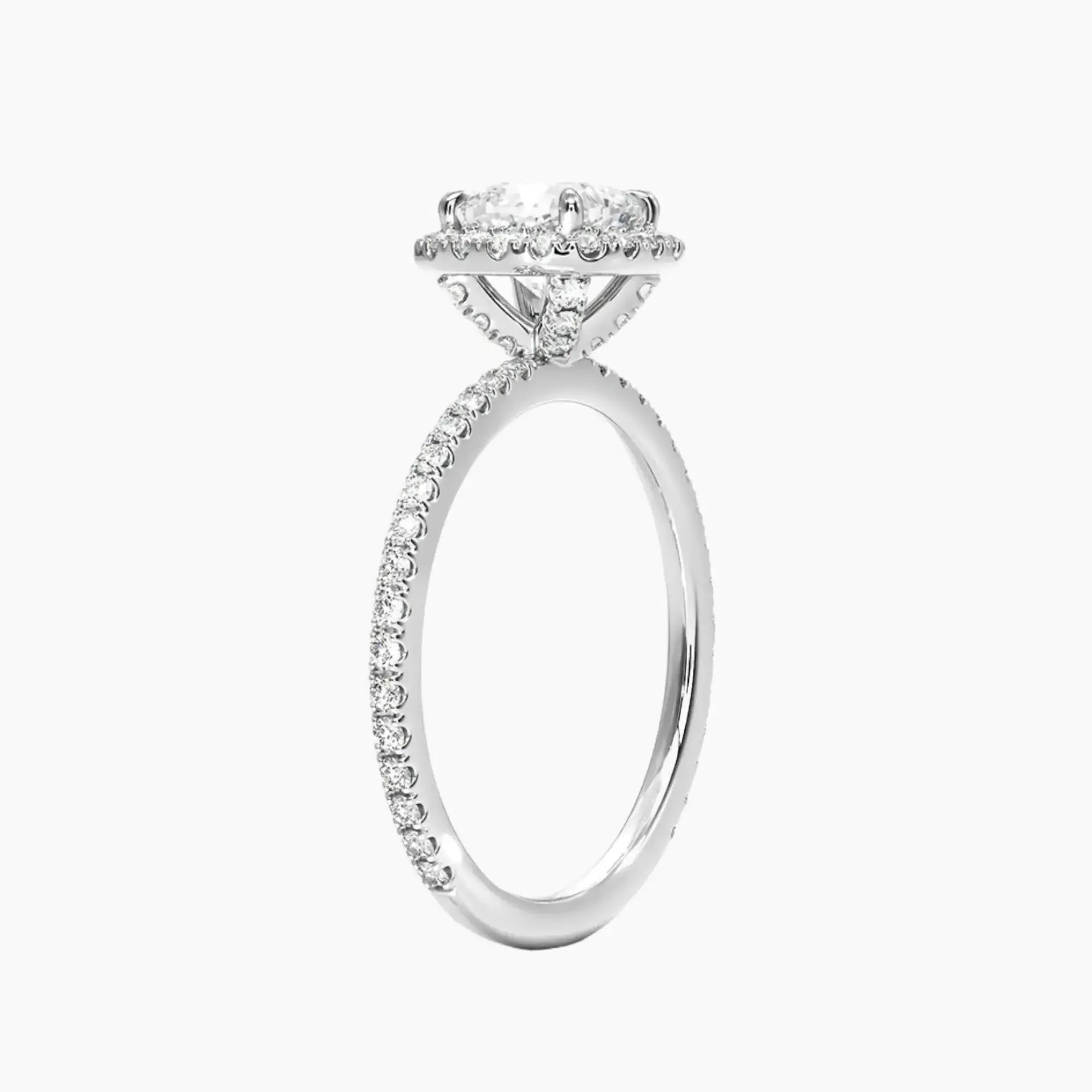 Cassiopeia Pave Cushion Hidden Halo 2.5 Carat Lab Grown Diamond Engagement Ring in 18K White Gold