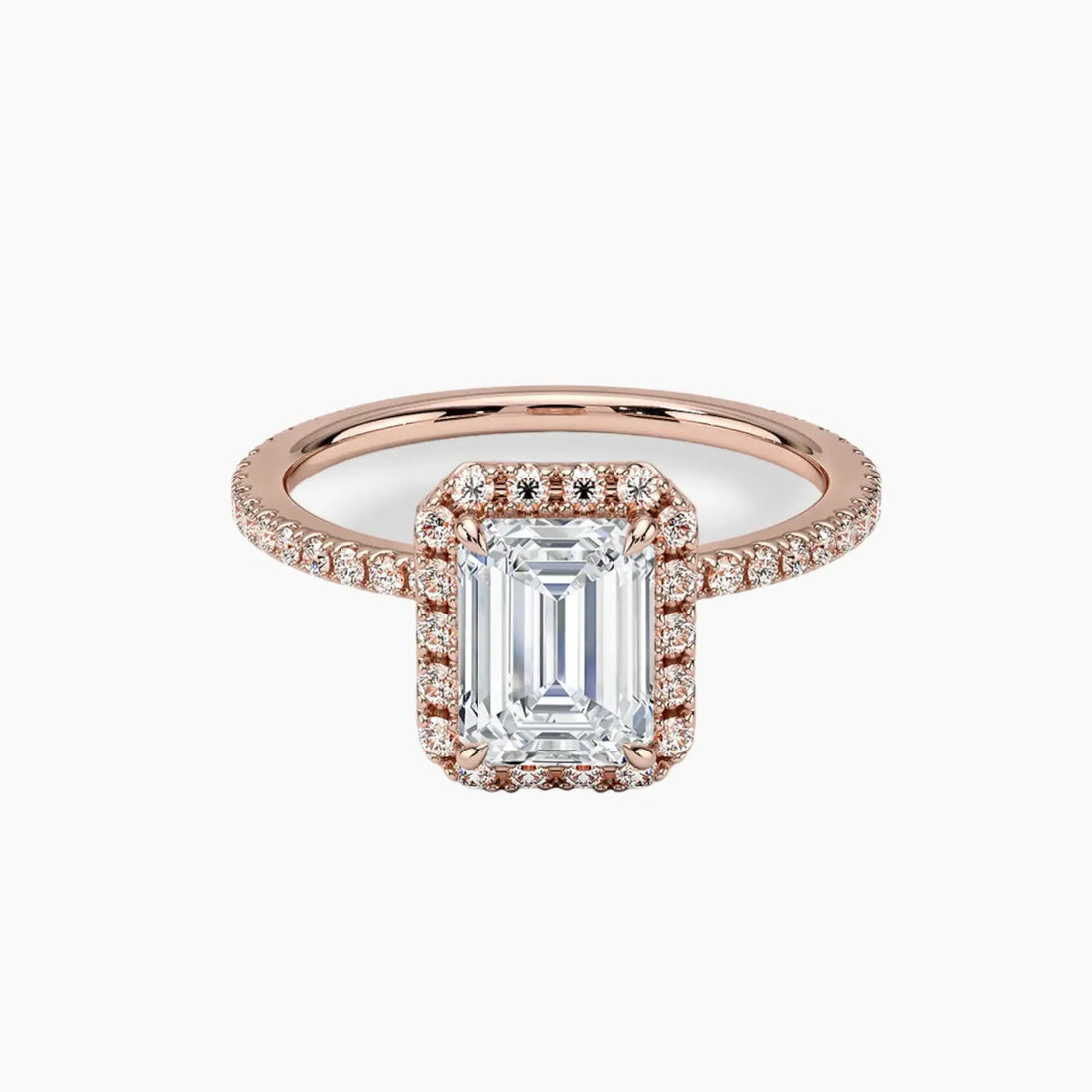 Cassiopeia Pave Emerald Hidden Halo 3 Carat Lab Grown Diamond Engagement Ring in 14K Rose Gold