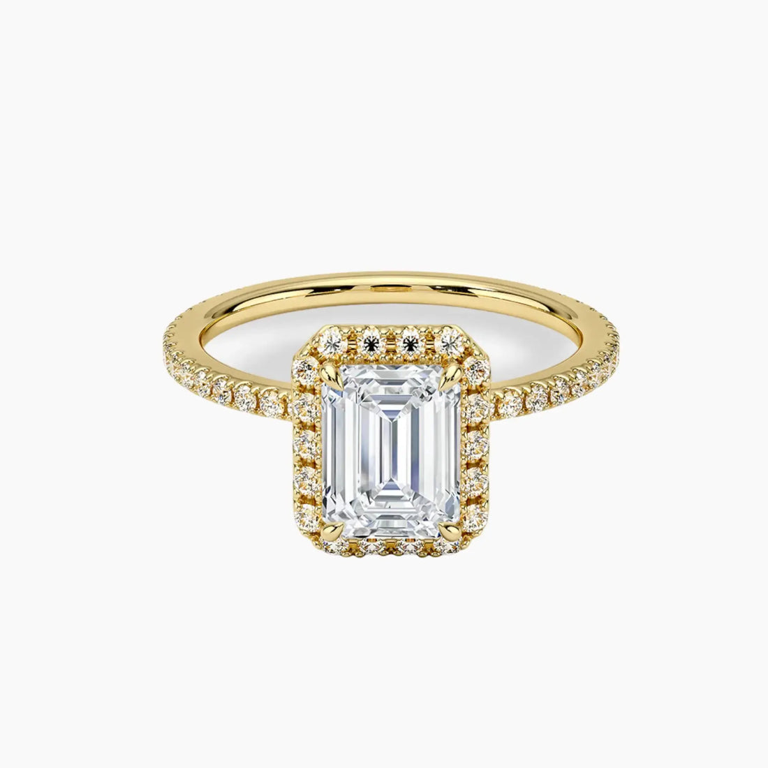 Cassiopeia Pave Emerald Hidden Halo 2.5 Carat Lab Grown Diamond Engagement Ring in 14K Yellow Gold