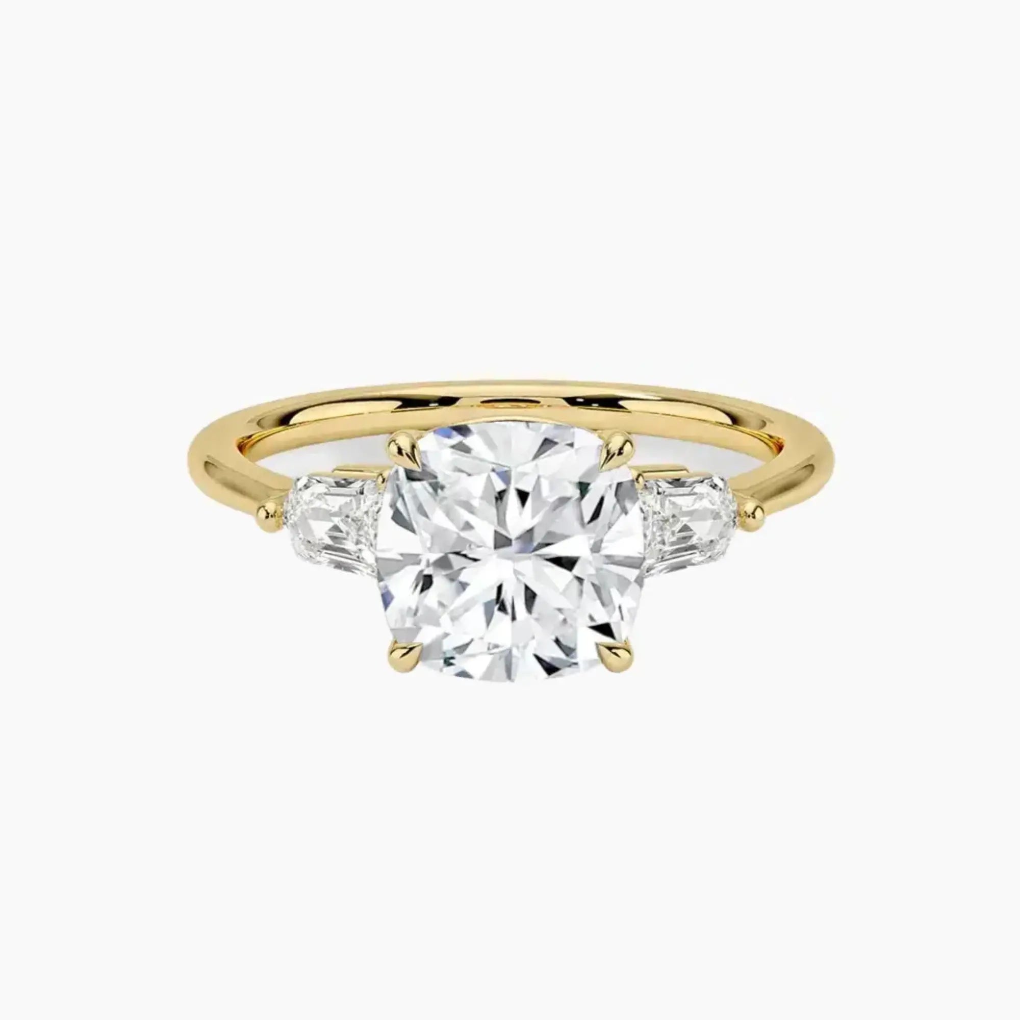 Thalassa Cushion Three Stone 2.5 Carat Lab Grown Diamond Engagement Ring in 14K Yellow Gold