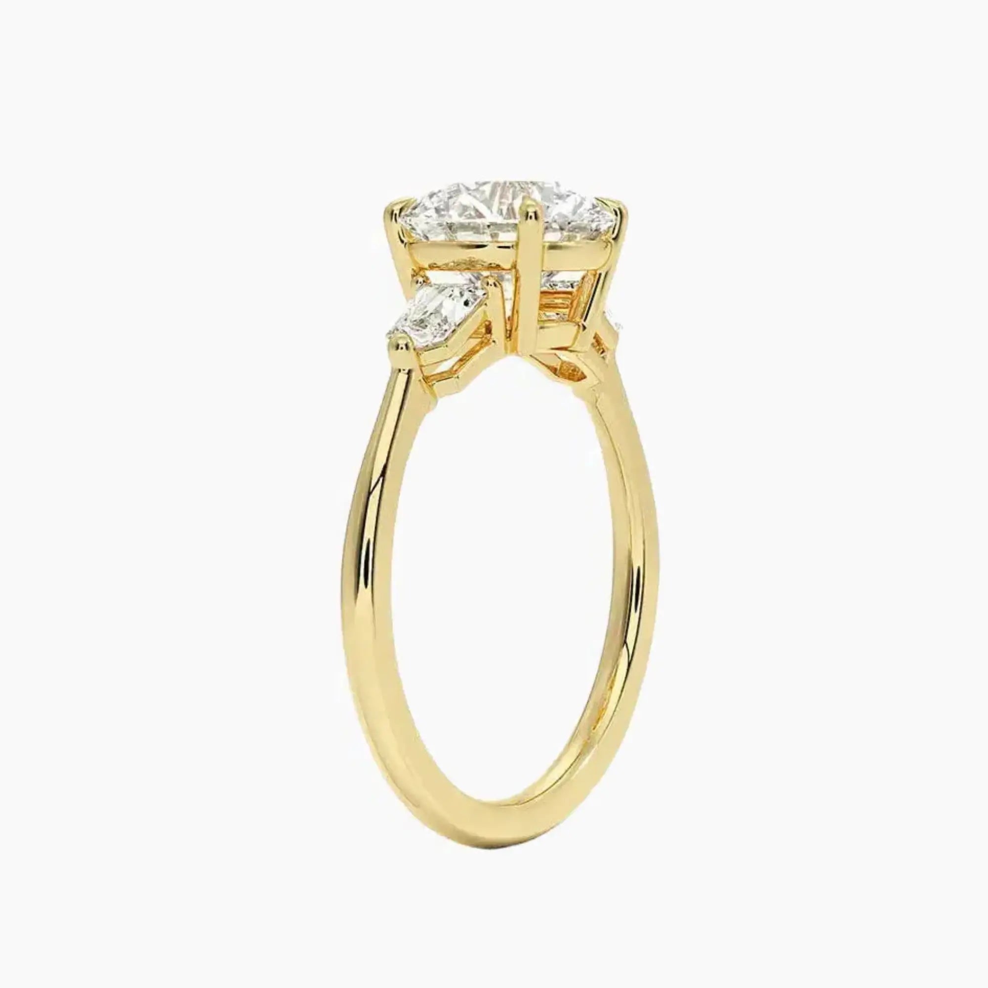 Thalassa Round Three Stone 3 Carat Lab Grown Diamond Engagement Ring in 18K Yellow Gold