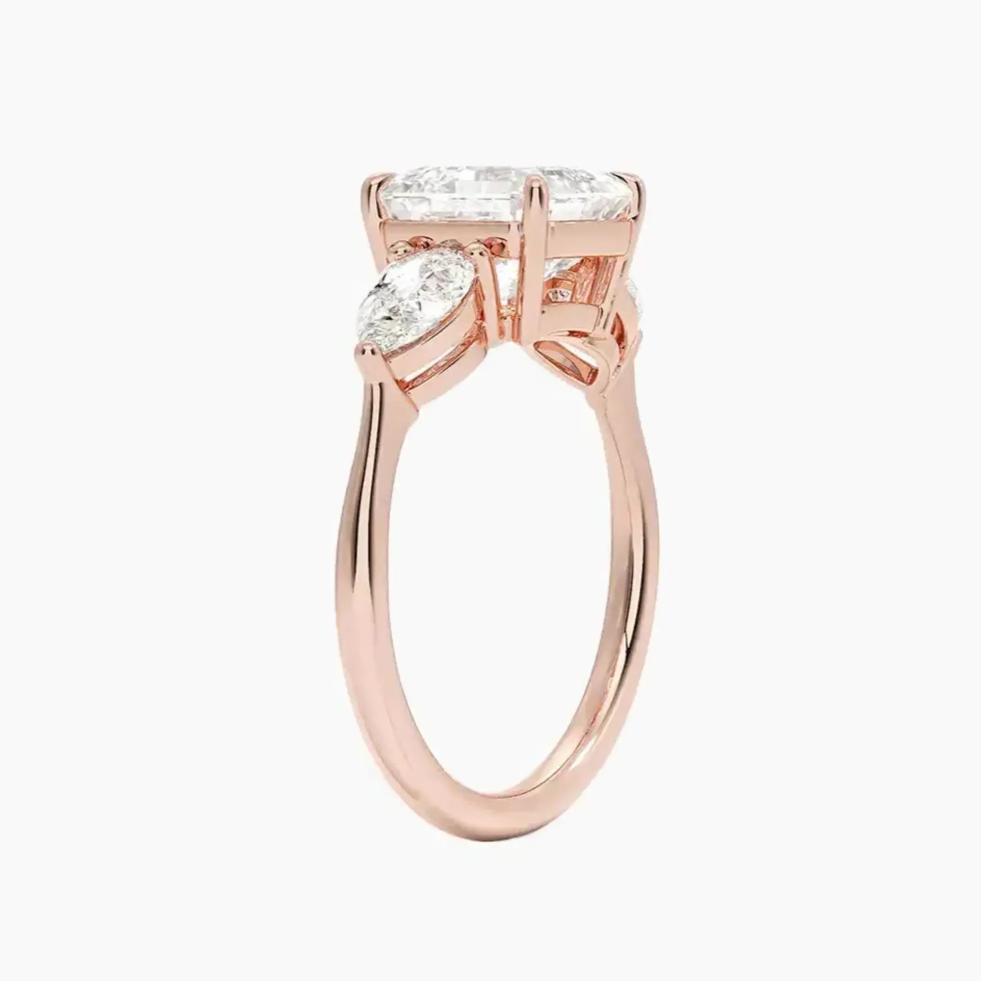 Calliope Asscher Three Stone 2.5 Carat Lab Grown Diamond Engagement Ring in 18K Rose Gold