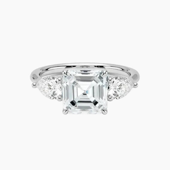 Calliope Asscher Three Stone 3 Carat Lab Grown Diamond Engagement Ring in 18K White Gold
