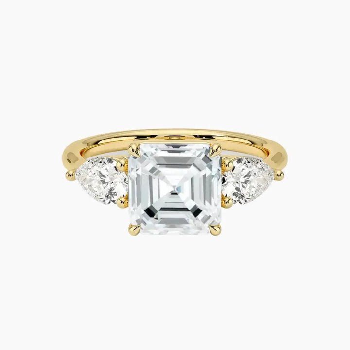 Calliope Asscher Three Stone 2 Carat Lab Grown Diamond Engagement Ring in 18K Yellow Gold