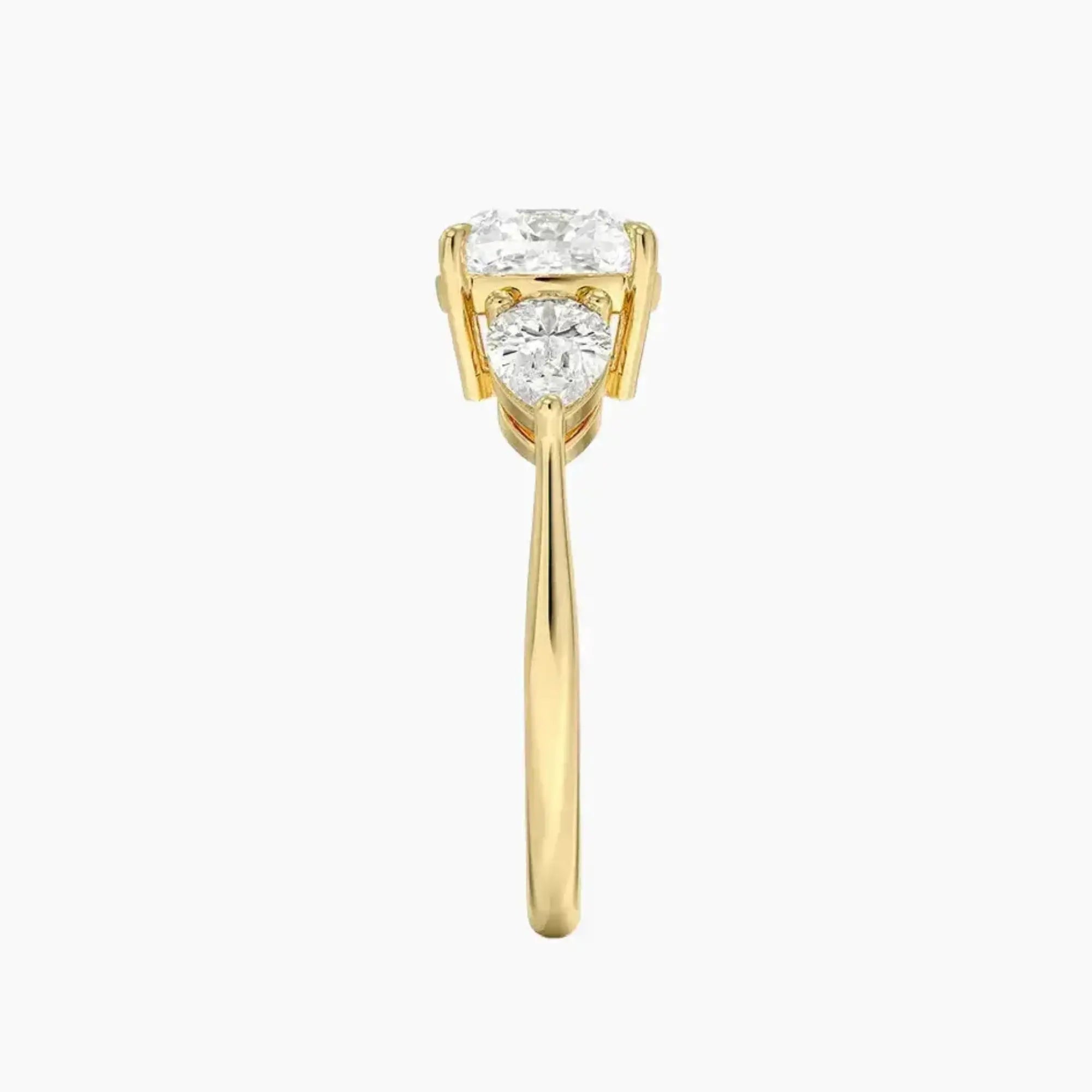 Calliope Cushion Three Stone 2.5 Carat Lab Grown Diamond Engagement Ring in 14K Yellow Gold