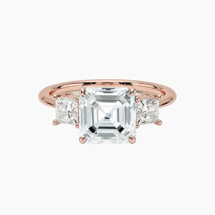 Vespera Asscher Three Stone 3 Carat Lab Grown Diamond Engagement Ring in 18K Rose Gold