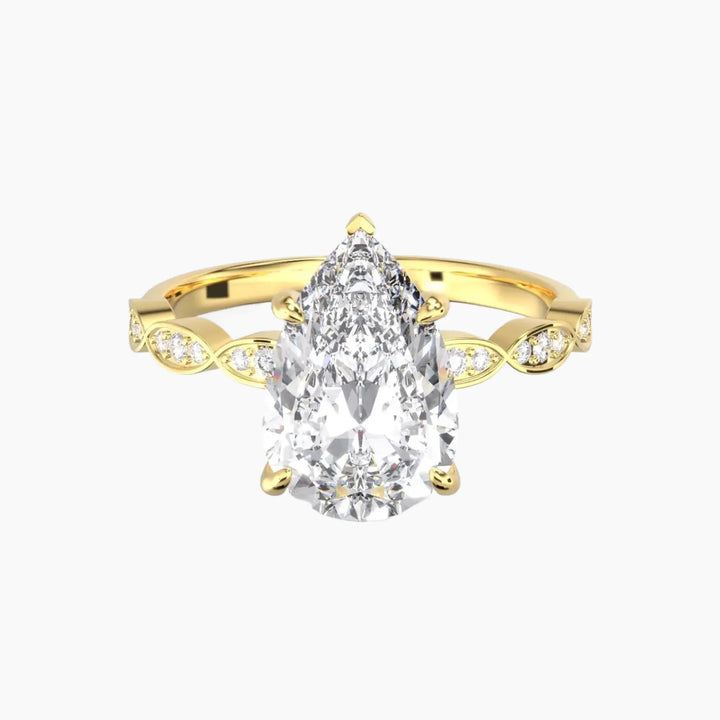 Feather Pear Unique 3 Carat Lab Grown Diamond Engagement Ring in 18K Yellow Gold