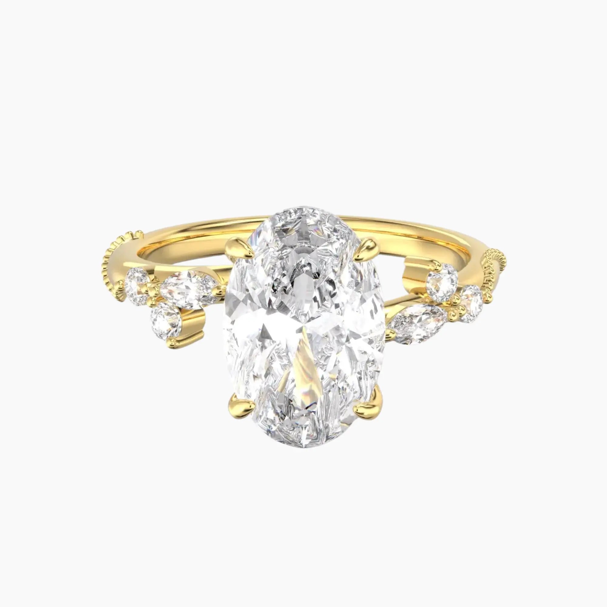Chantilly Oval Unique 3 Carat Lab Grown Diamond Engagement Ring in 18K Yellow Gold
