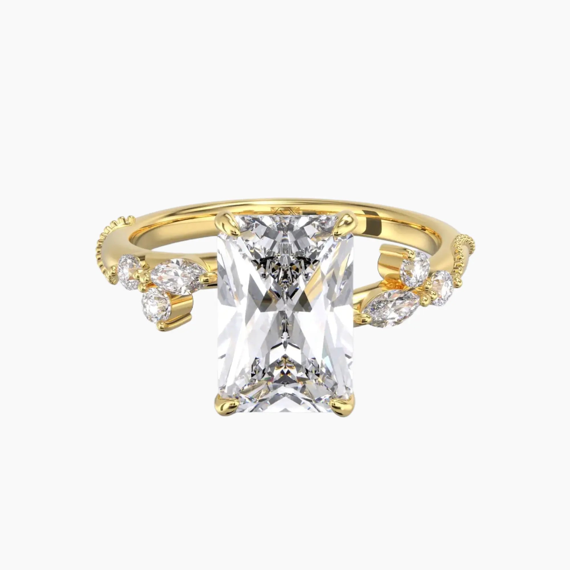 Chantilly Radiant Unique 1.5 Carat Lab Grown Diamond Engagement Ring in 14K Yellow Gold